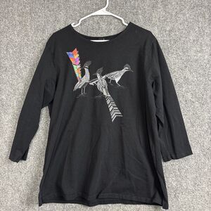 Sabaku Artwear Top Blouse  Womens L Black Folk Art Animals Roadrunner